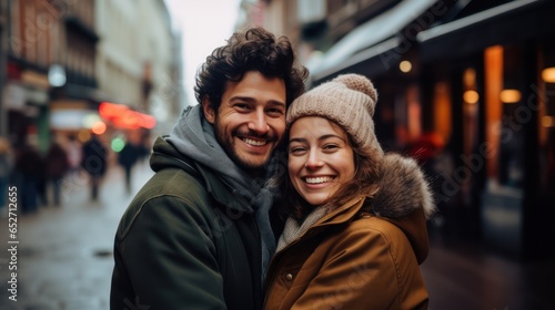 Happy couple on vacation. Lovers are laughing. Happy guy and girl. Lovers enjoy each other outdoor.