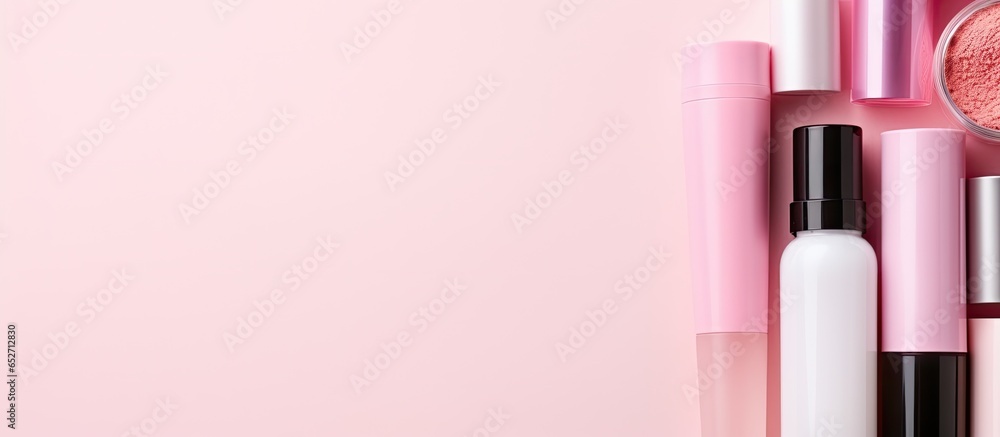High quality flat lay photo of pink background with recycling sign cosmetic tubes and beauty products promoting planet saving efforts - obrazy, fototapety, plakaty 