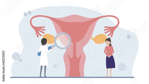 下腹部の痛みを訴える若い女性と子宮の検査をする女医