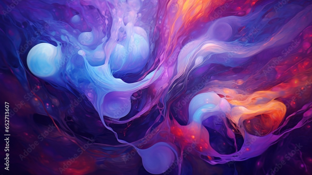 Fototapeta premium Fluid abstract liquid motion of atmospheric nebula clouds, celestial waves of rebirth in the cosmic ether, fire of life and colorful smoke fills the universe. 