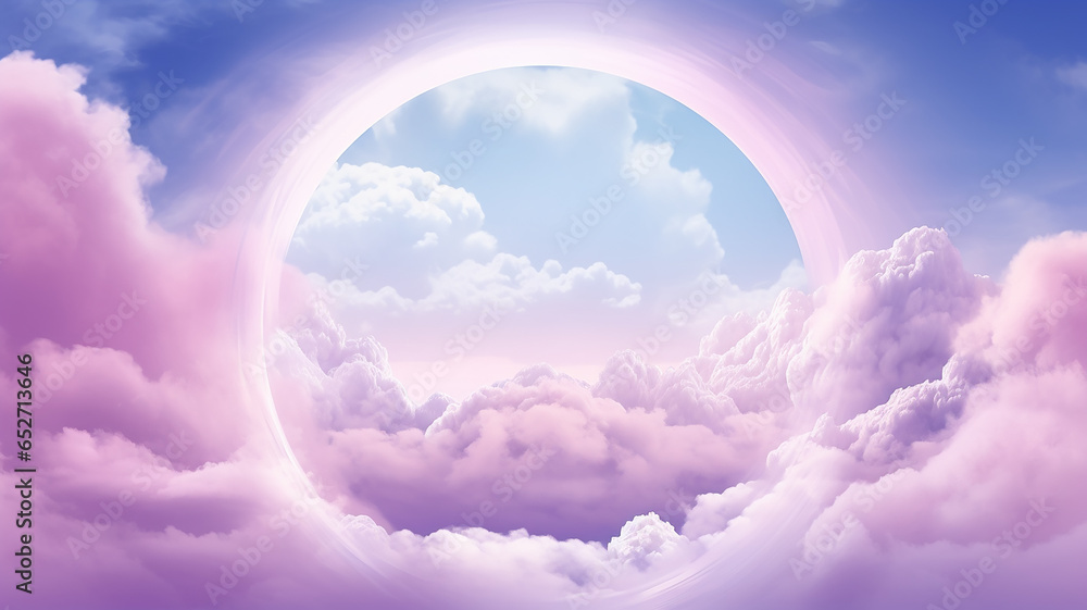 round frame arch among pink clouds, banner watercolor soft colors softpastel, heavenly paradise atmosphere - obrazy, fototapety, plakaty 
