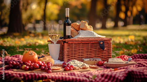 An Idyllic Autumn Picnic Basket with a Delicious Assortment of Food and Wine Spread on a Cozy Blanket, Set Against the Beautiful Backdrop of a Tranquil Park

