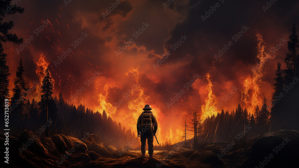 Fototapeta premium firefighter on the background of a forest fire view from the back