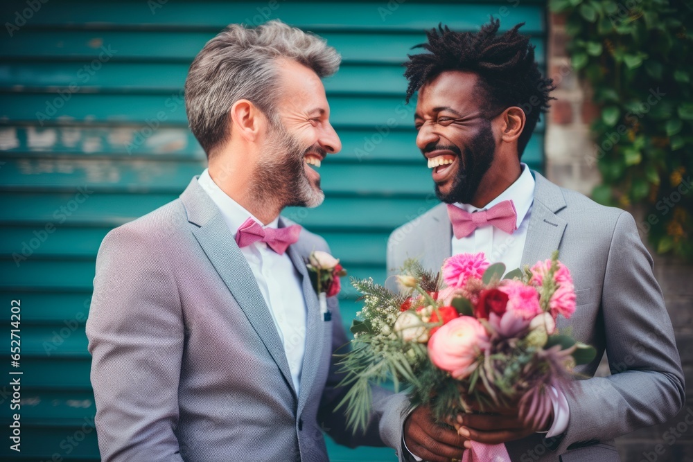 Handsome Gay Couple - Wedding photo. Gay couple wedding. Gay marriage. Homosexual couple celebrating wedding, LBGT couple at wedding ceremony