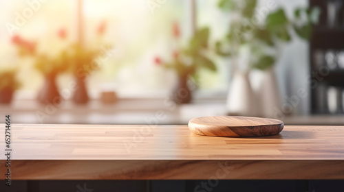 Empty Beautiful wood table top and blur bokeh modern kitchen interior background in clean and bright  Ready for product montage