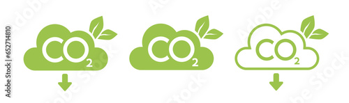 CO2 emission reduction neutrality concept icon set. Cloud shape banners with zero footprint, CO2 neutral. Green eco friendly stop global warming. Vector