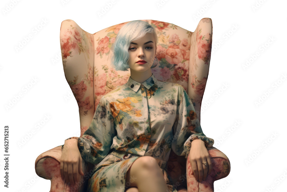 Φωτογραφία A Hipster Woman Wearing Multicolored Floral Dress with Short Hair and Sit on Armchair