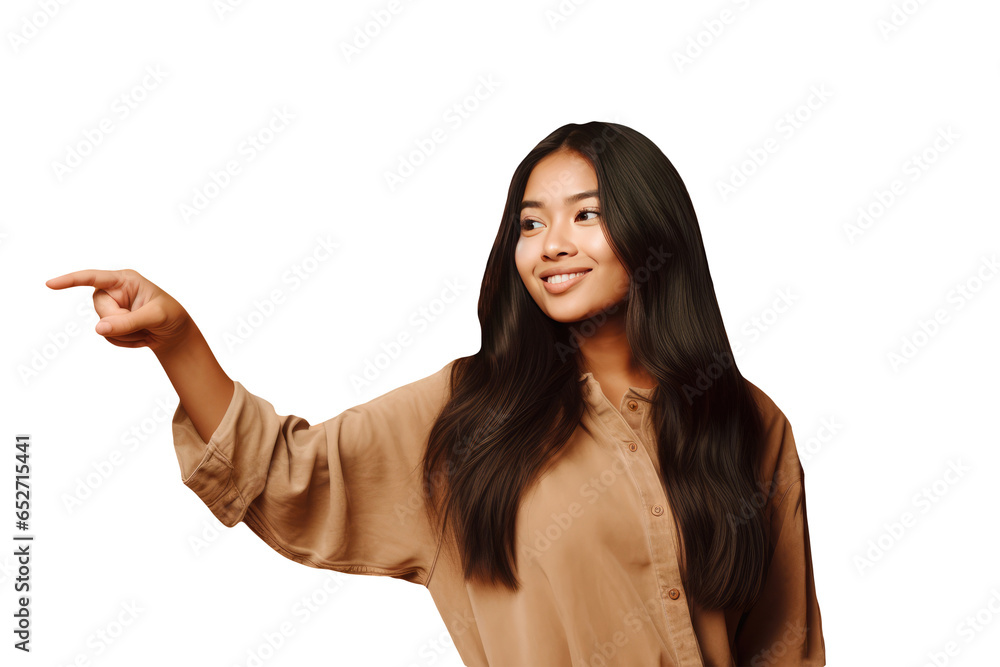 Portrait of Young Asian Woman Wear Brown Shirt and Pointing Finger. Generative AI Character. Portrait of Young Asian Woman Wear Brown Shirt and Pointing Finger. Generative AI Character.