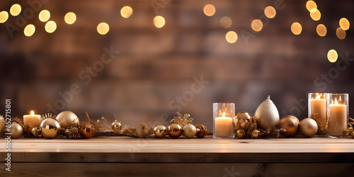 Christmas decorations on table with candles and christmas lights.