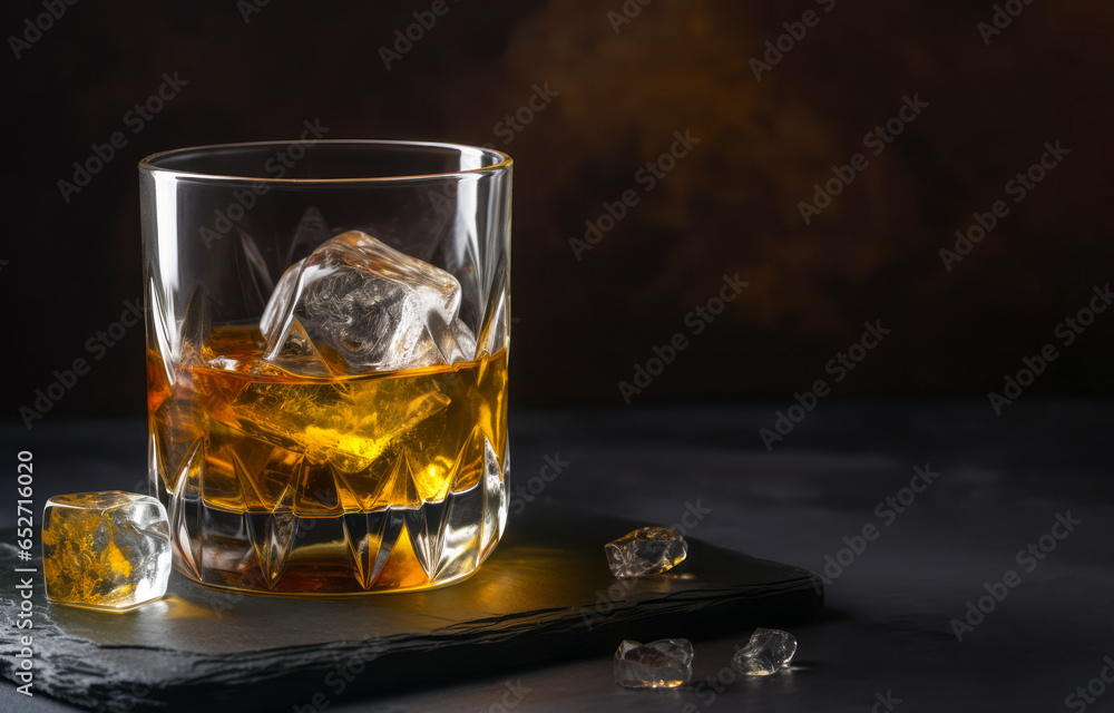 Vaso de whisky con hielo. Copa de cristal elegante llena de whisky con hielo sobre una mesa de madera. 