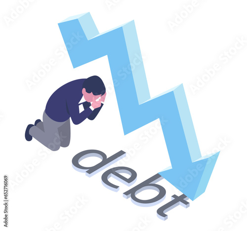 vector isometric illustration of debt and bankruptcy,people depress for getting debt