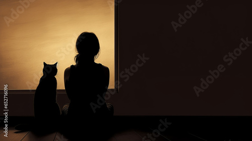 lonely girl silhouette sitting opposite the wall together with cat, loneliness concept, love pet, sublimation