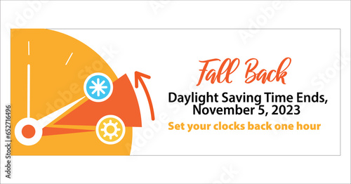 Fall Back icon. Daylight Saving Time ends concept. Change your clocks one hour back on wintertime at november 5. Banner reminder. Vector illustration