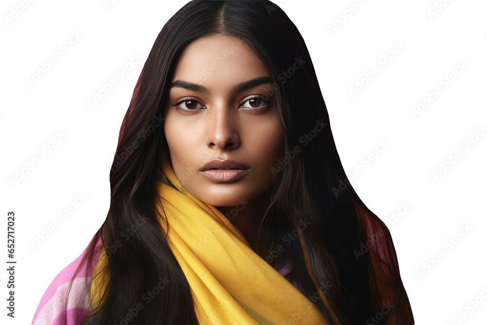A Charming Indian Woman Wearing Scarf and OPen Black Hair. Generative AI. A Charming Indian Woman Wearing Scarf and OPen Black Hair. Generative AI.