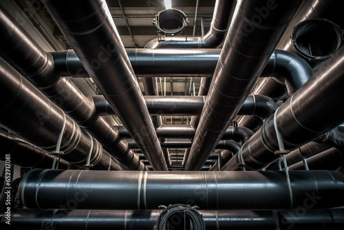 Intricate pipe system inside an industrial facility for energy transport. Generative AI