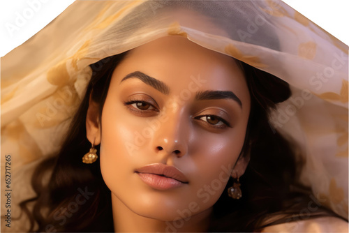 A Fictional Character Created By Generative AI.Face of Beautiful Young Indian Woman Portrait with Net Dupatta on Head. Generative Ai. photo