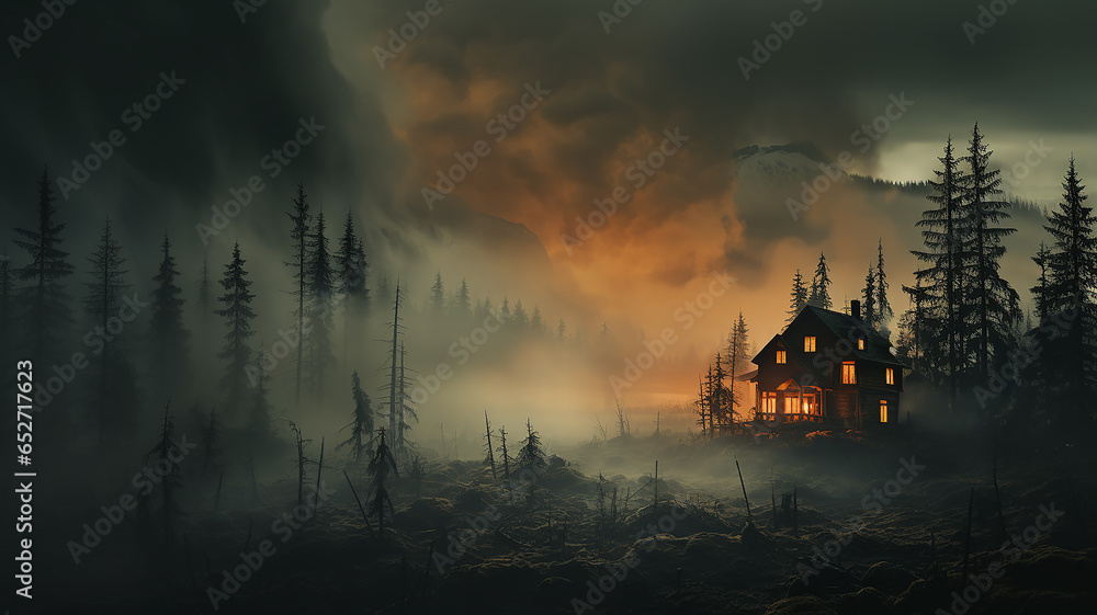night landscape, mysterious lonely house in misty autumn mountains, thriller, horror, fairy tale - obrazy, fototapety, plakaty 