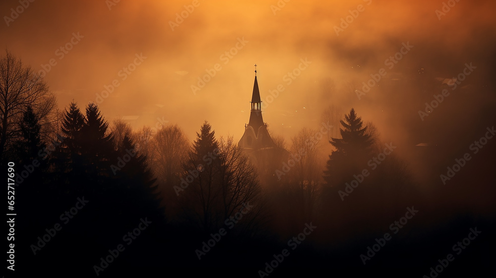 Fototapeta premium church in the night fog in the European mountains landscape panoramic view