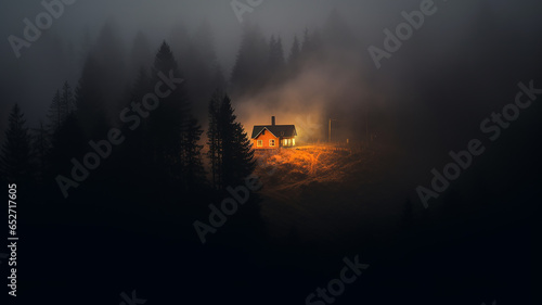 night landscape, mysterious lonely house in misty autumn mountains, thriller, horror, fairy tale