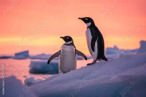 deux pingouins sur la banquise au soleil couchant