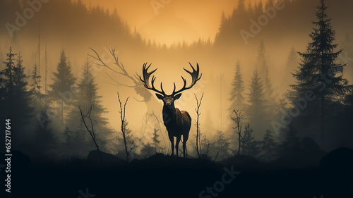 silhouette of a moose with big horns in autumn fog, wildlife landscape © kichigin19