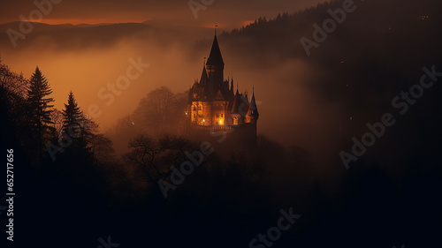 misty landscape in autumn mountains lighting, medieval princess castle glows in the night landscape among the clouds © kichigin19