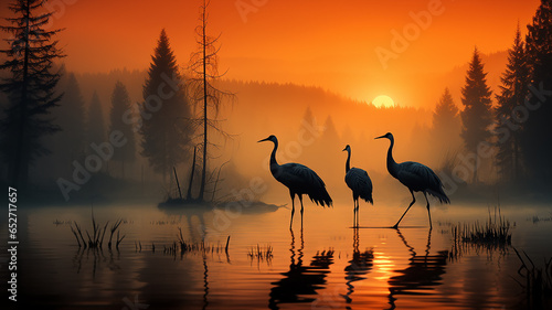 silhouettes of cranes in autumn fog  wildlife landscape sunrise