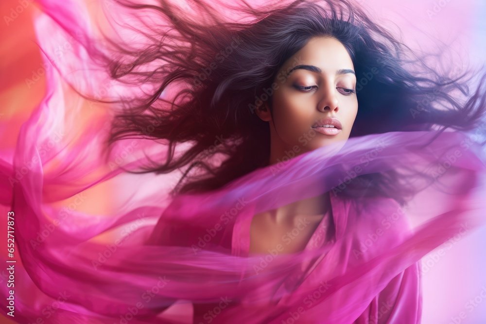 A Fictional Character Created By Generative AI.Woman with long dark hair blowing in the wind A Fictional Character Created By Generative AI.Woman with long dark hair blowing in the wind