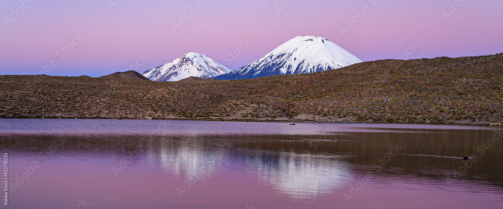 Vulkan Parinacota und Pomerape, Nationalpark Lauca, Chile - obrazy, fototapety, plakaty 