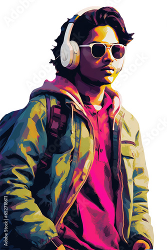 A Fictional Character Created By Generative AI.Colorful Portrait of Young Man Wearing Backpack, Goggles and Headphones. Generative AI.