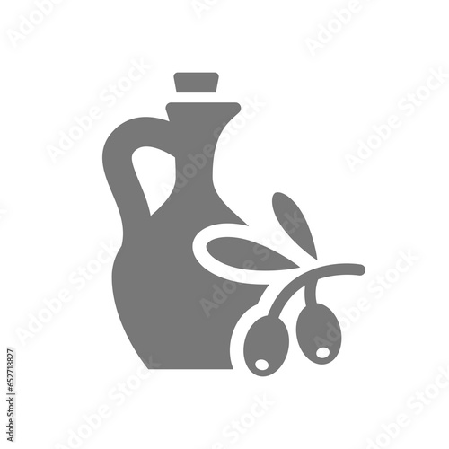 Olive oil with olives branch vector icon. Decanter, dispenser or old, retro bottle.