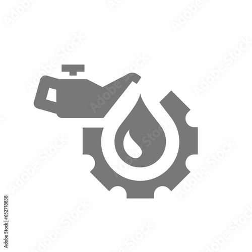 Motor oil with canister check and gear icon. Engine oil drop, mechanic  symbol.