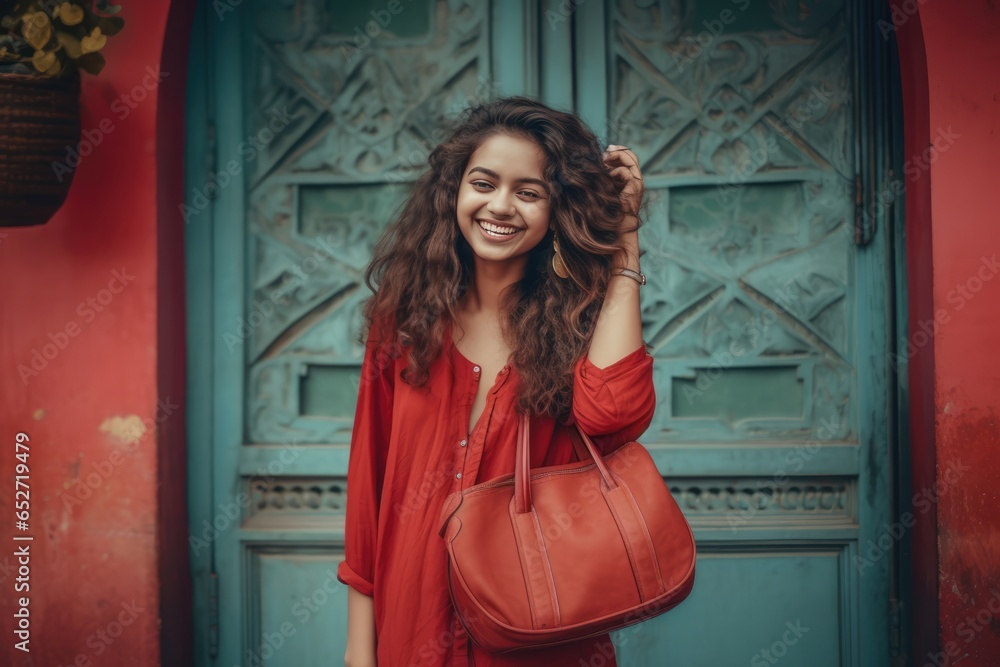 Fototapeta premium A Fictional Character Created By Generative AI.Elegant woman with curly hair wearing a red dress and a brown purse