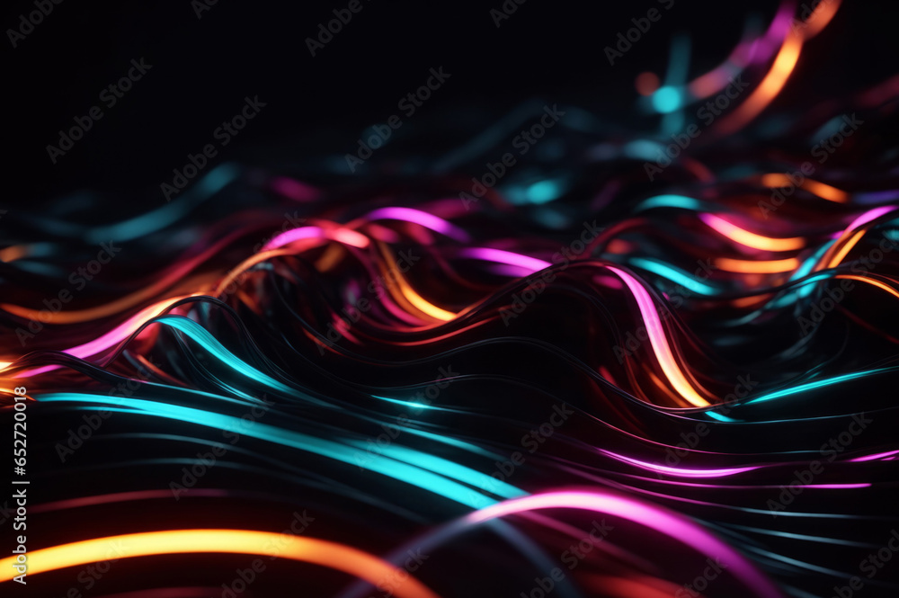 Abstract neon wallpaper. Glowing dynamic lines over black background, made by Ai Abstract neon wallpaper. Glowing dynamic lines over black background, made by Ai