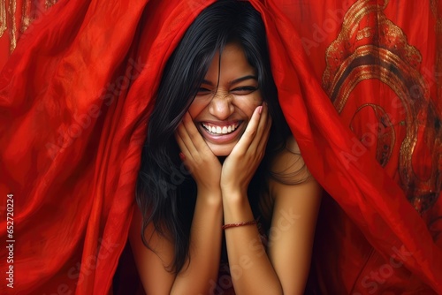 A Fictional Character Created By Generative AI.Laughing woman hiding behind red curtains