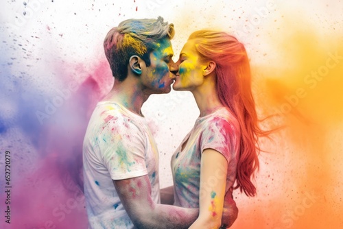 A romantic moment between a man and a woman as they kiss with colorful paint splattering their lips and faces, surrounded by a vibrant, rainbow-colored background.