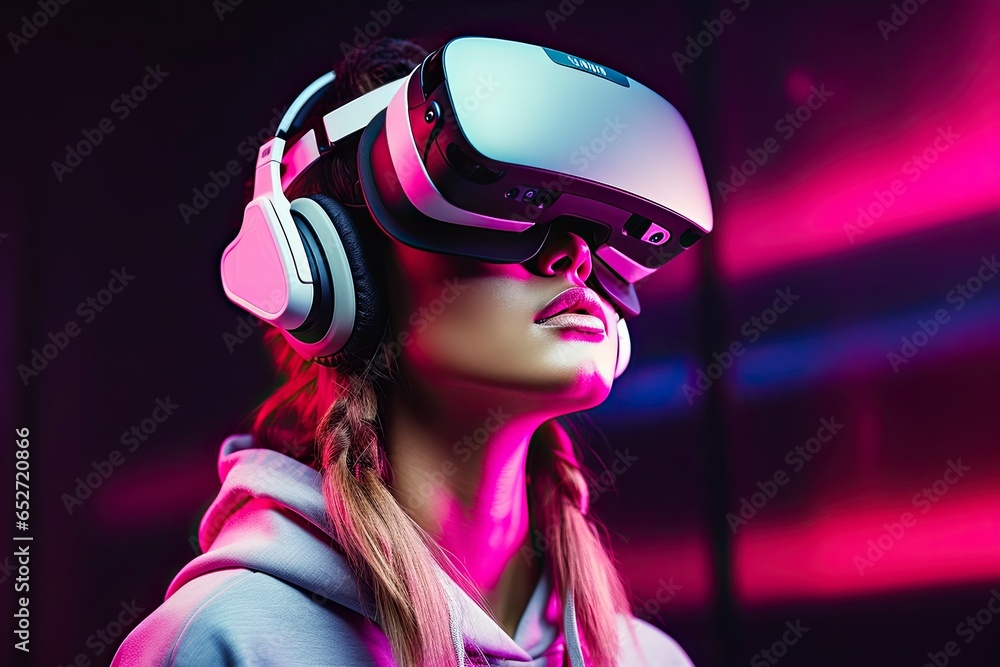 The young woman is using virtual reality viewer. Modern woman portrait with trendy look and bright colors. The young woman is using virtual reality viewer. Modern woman portrait with trendy look and bright colors.