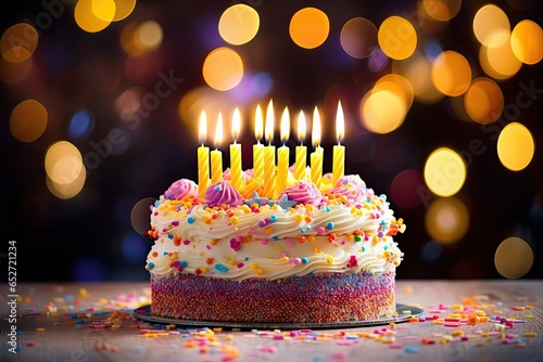 birthday cake with candles on bokeh background (Generative AI)
