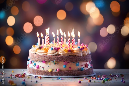 birthday cake with candles on bokeh background (Generative AI) photo