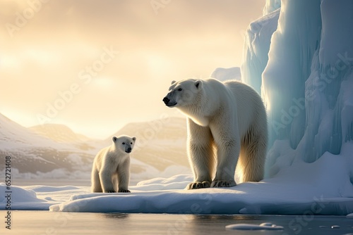 A polar bear with a small bear cub in the snow at sunrise.