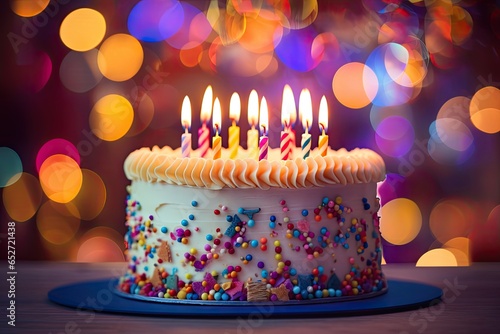 birthday cake with candles on bokeh background (Generative AI) photo