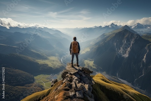 Man hiking at sunset mountains with heavy backpack Travel Lifestyle wanderlust adventure concept summer vacations outdoor alone into the wild