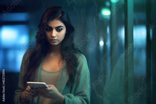 A Fictional Character Created By Generative AI.Elegant Woman Using Smartphone in Dark photo