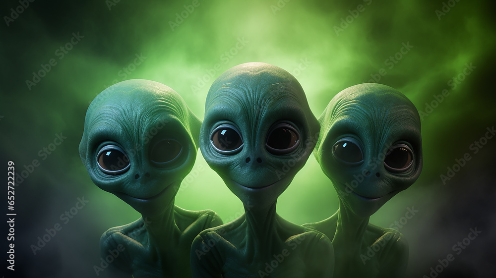 Fototapeta premium portrait of a group of three cheerful aliens on a fog background