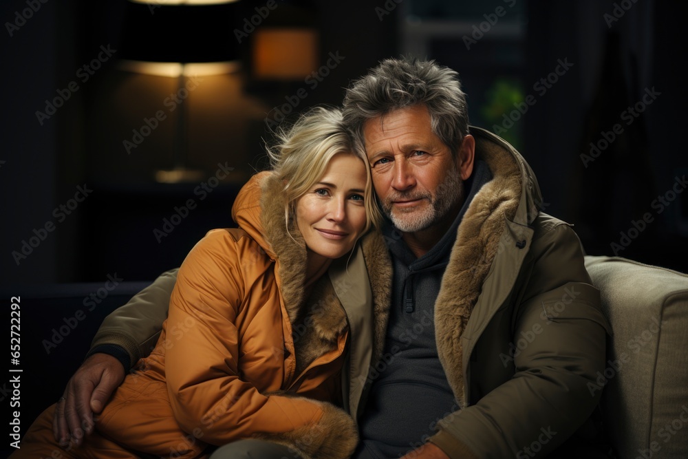 Senior couple wearing extra clothes in the house trying to stay warm at home in winter during energy crisis. Money problems due to high energy bills Senior couple wearing extra clothes in the house trying to stay warm at home in winter during energy crisis. Money problems due to high energy bills