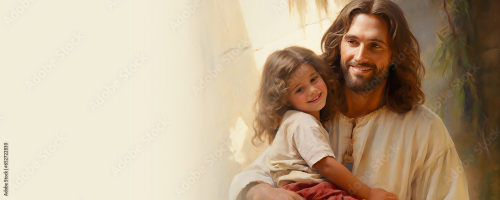 Artistic depiction of the Lord Jesus Christ holding a young girl in his arms. Religious Christian theme banner.