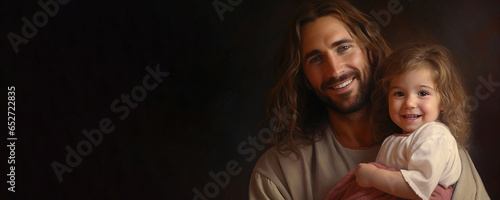 Artistic depiction of the Lord Jesus Christ holding a young girl in his arms. Religious Christian theme banner.