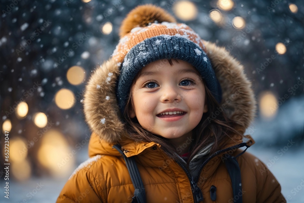 Cute child with happy face wearing a warm hat and warm jacket surrounded with snowflakes. Winter holidays concept. full body Cute child with happy face wearing a warm hat and warm jacket surrounded with snowflakes. Winter holidays concept. full body