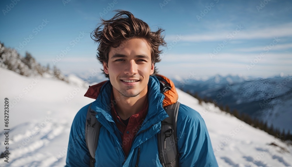 Winter hike on snowy mountain young man blue shirt cheerful happy hiker climbs the top. natural landscape. Winter journey.