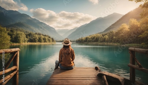 Woman sitting wooden bridge enjoying beauty of nature looking at mountain lake forest. Adventure travel background . © New generate